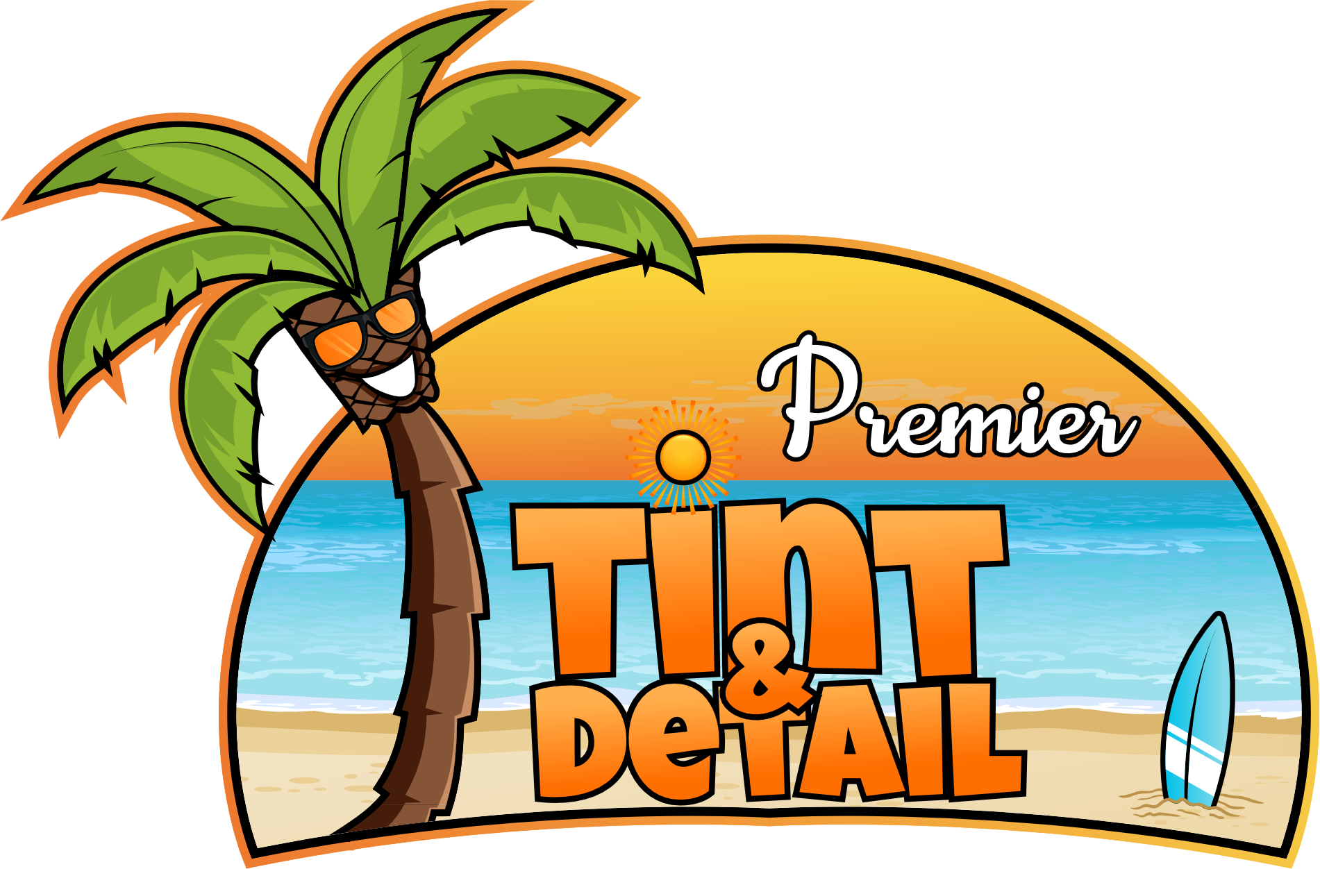 Logo for "Premier Tint & Detail" featuring a palm tree, beach, and ocean backdrop, evoking a sunny, tropical vibe.